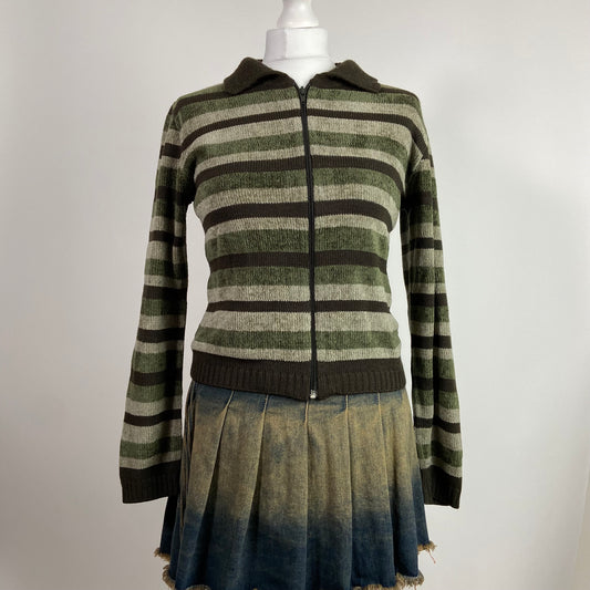 00s Multicoloured Striped Zip Up Jumper - Size M