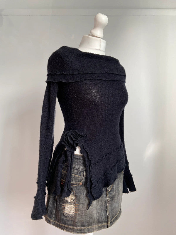 Vintage 00s Asymmetrical Off Shoulder Knit Jumper - Size S - Funky Cat