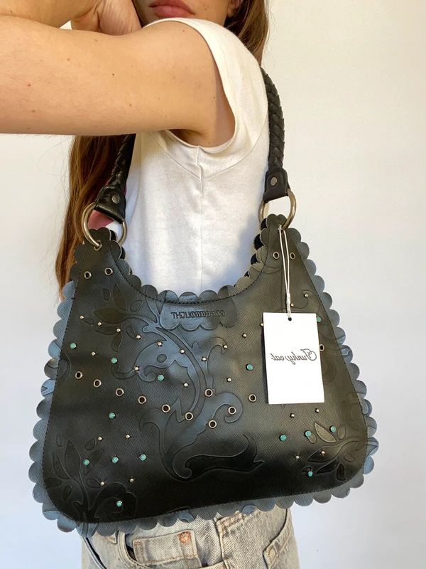 Vintage Black Leather Studded Bag - Funky Cat