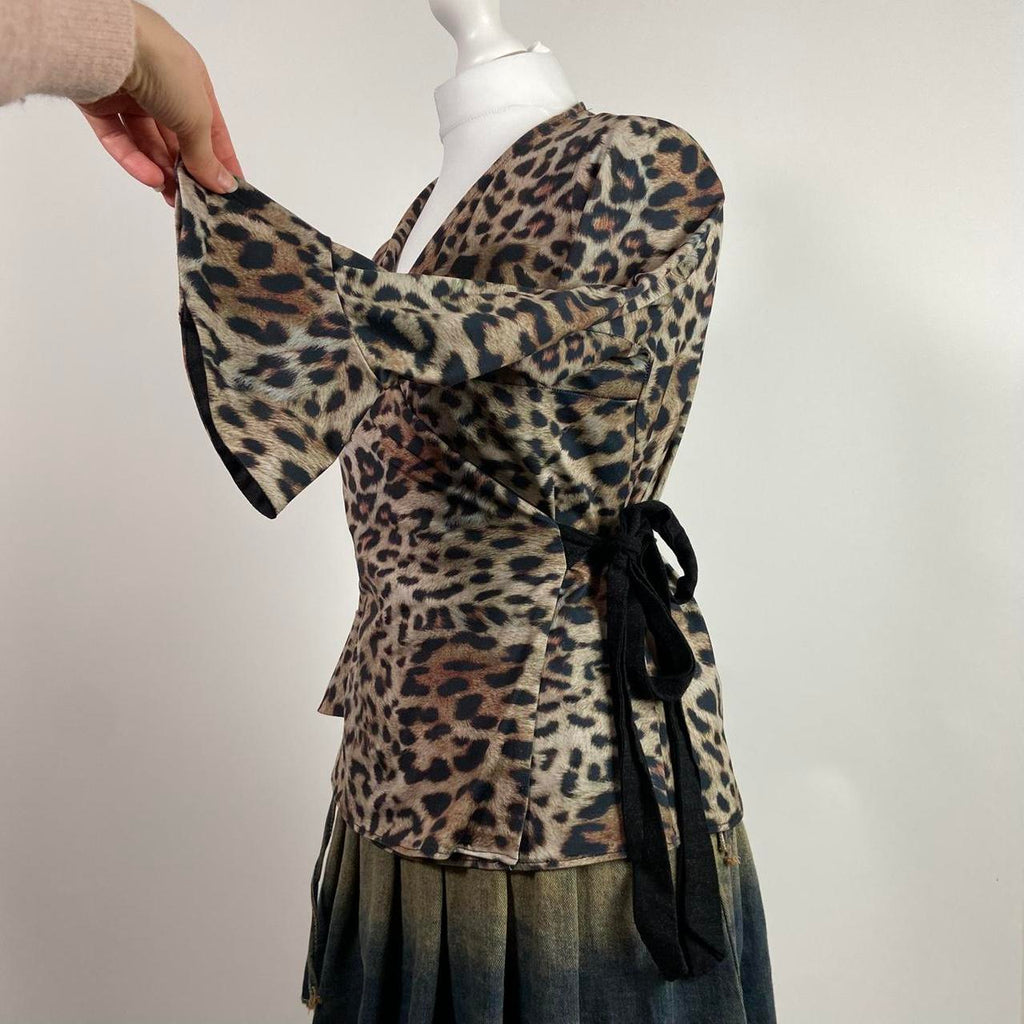00s Leopard Print Wrap Top - Size M - Funky Cat