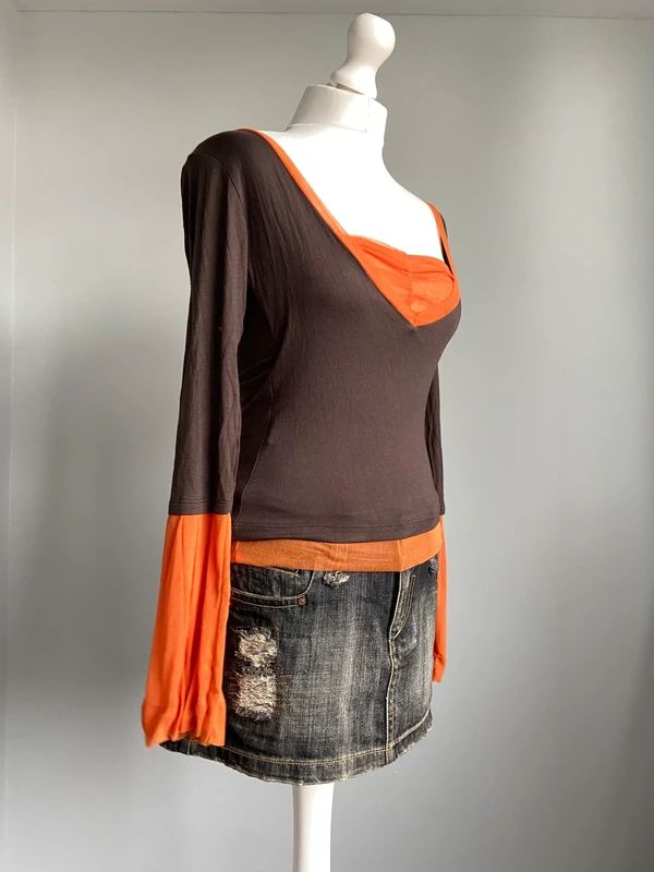 Vintage 00s Brown and Orange Mesh Top - Size M - Funky Cat