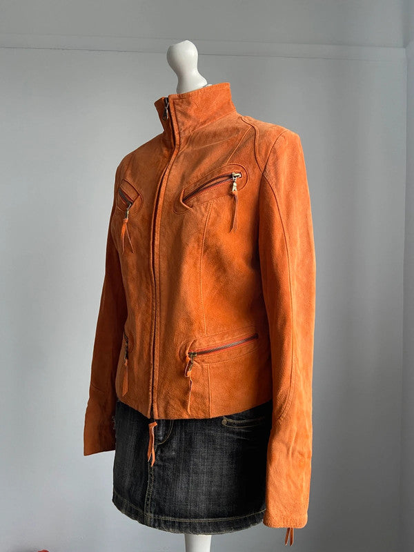 Vintage 00s Orange Suede Racer Jacket - Size L - Funky Cat