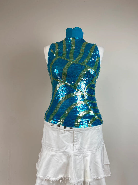 90s Blue Sequin Vest Top - Size M