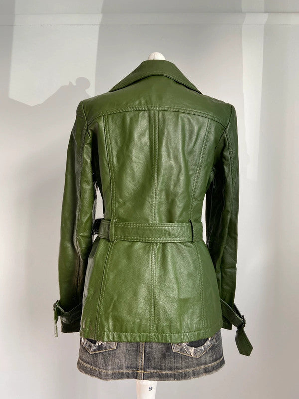Vintage Green Leather Belted Trench Coat - Size M - Funky Cat