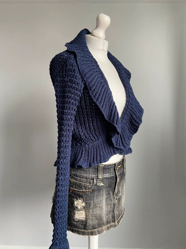 Vintage 00s Ruffled Knitted Cardigan - Size M - Funky Cat