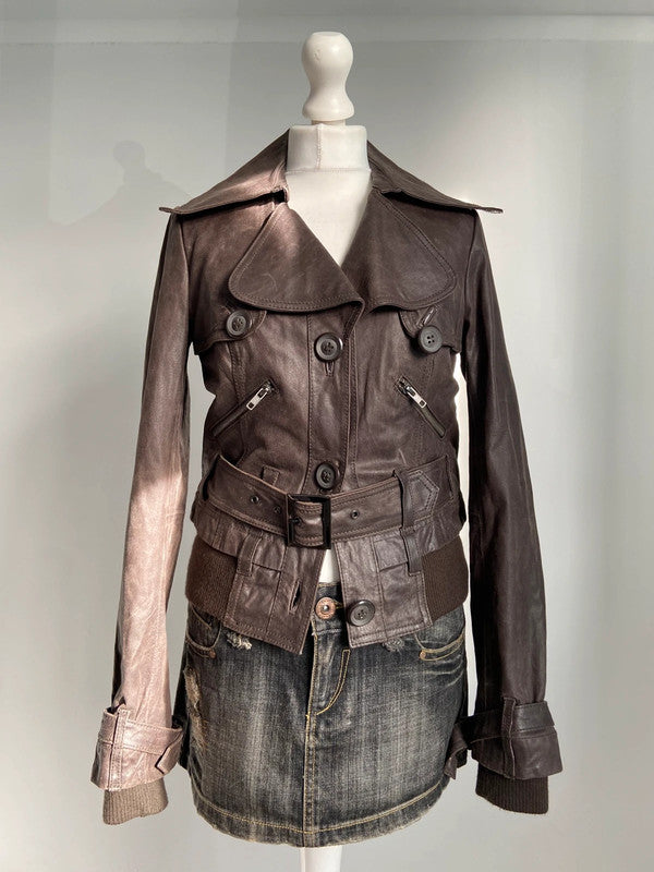 Vintage 00s Belted Leather Jacket - Size S/M - Funky Cat