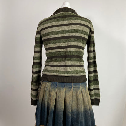 00s Multicoloured Striped Zip Up Jumper - Size M