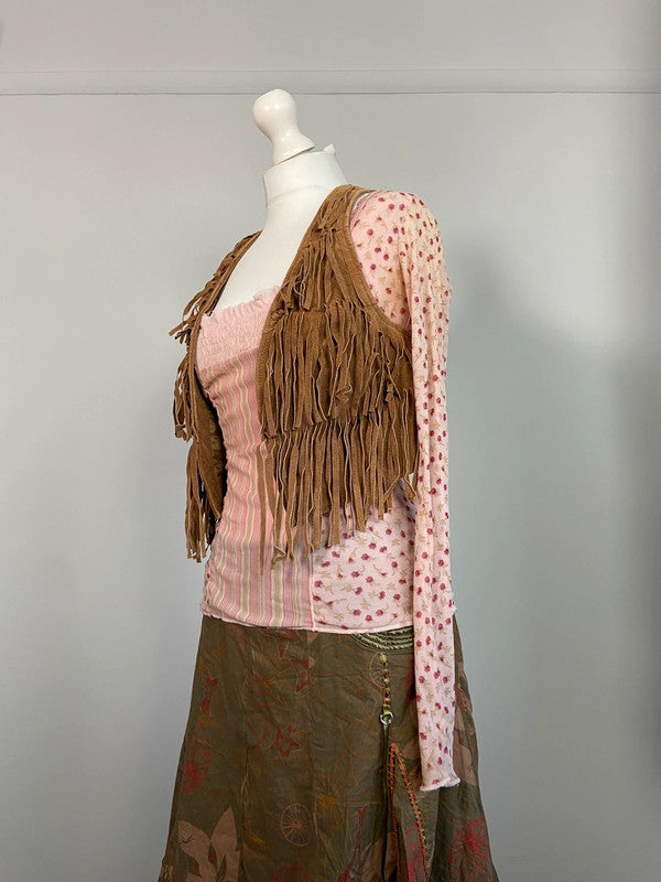 Vintage 00s Suede Fringe Waistcoat- Size S - Funky Cat