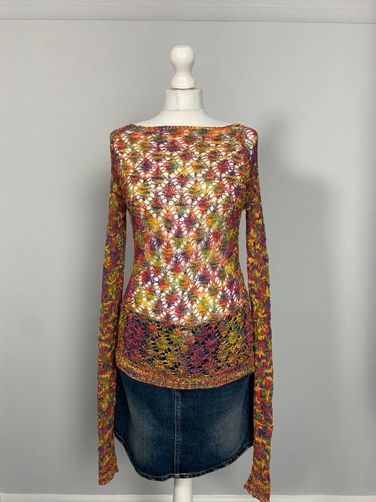 Vintage 00s Multicoloured Mesh Top - Size M - Funky Cat