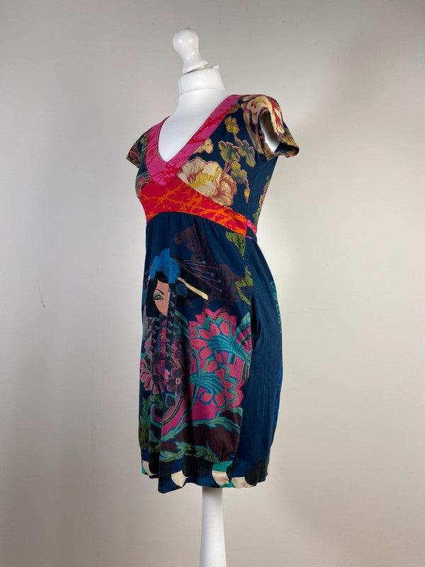 Desigual Funky Print Dress With Bubble Skirt - Size S - Funky Cat