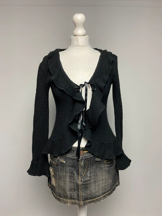 Vintage 00s Ruffled Knit Cardigan - One Size - Funky Cat