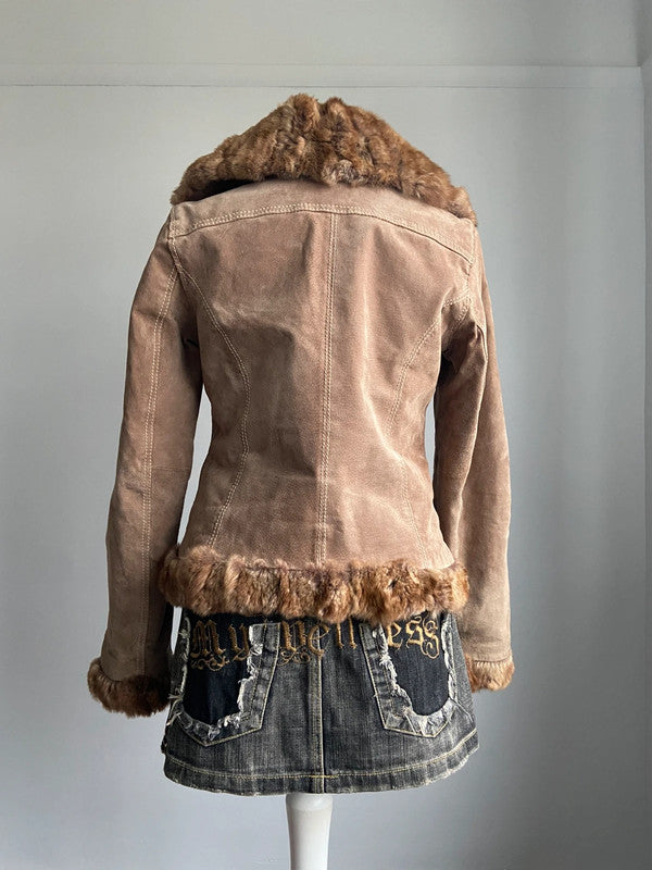 Vintage 00s Fur Trim Leather Jacket - Size M