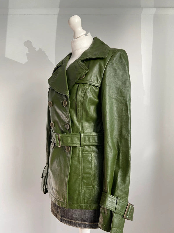 Vintage Green Leather Belted Trench Coat - Size M - Funky Cat