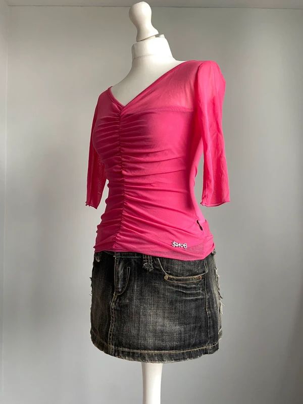 Vintage 00s Ruched Top With Bow - Size S - Funky Cat
