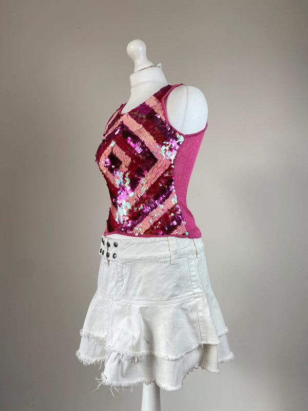 00s Pink Sequinned Vest Top - Size S - Funky Cat
