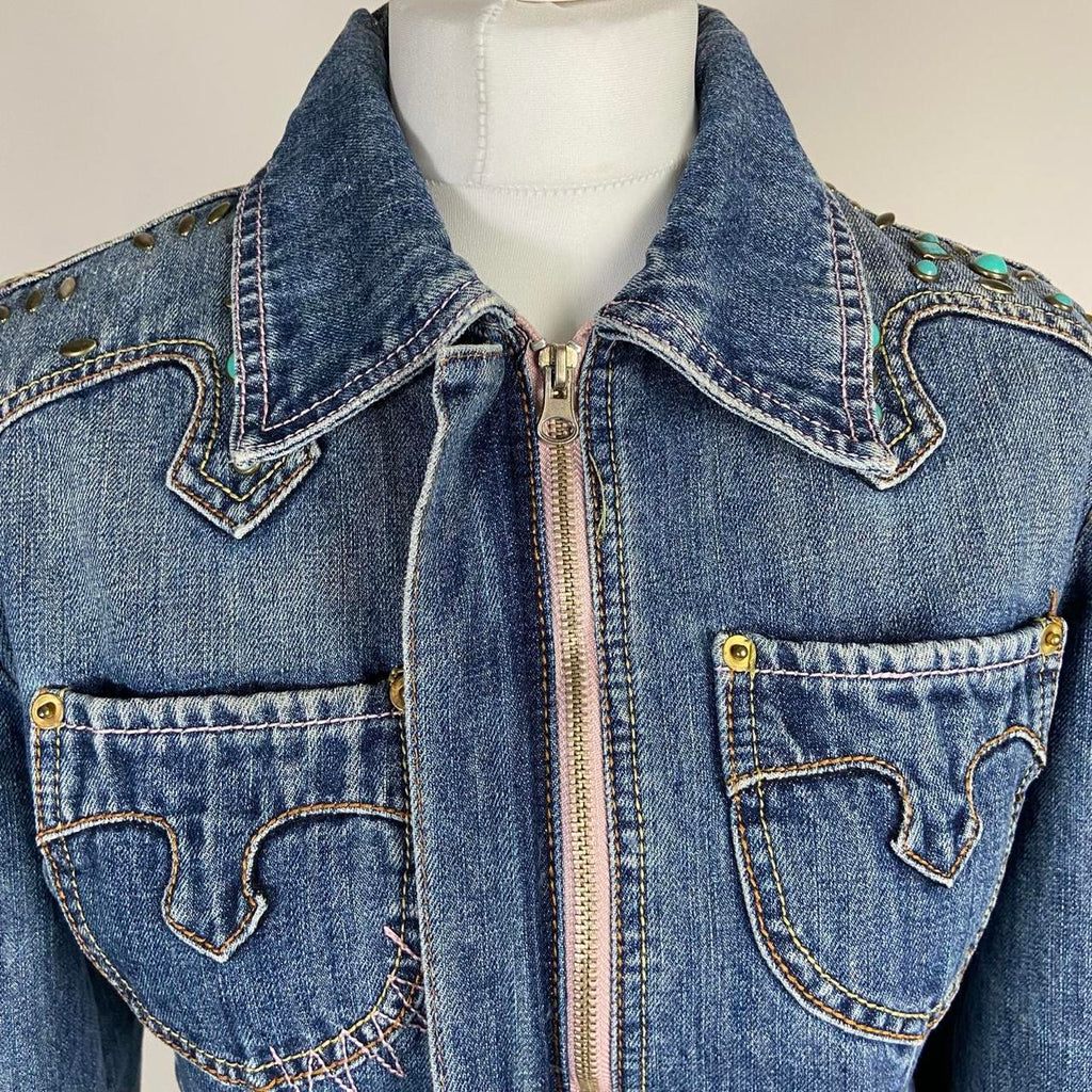 00s Embellished Denim Racer Jacket - Size S - Funky Cat