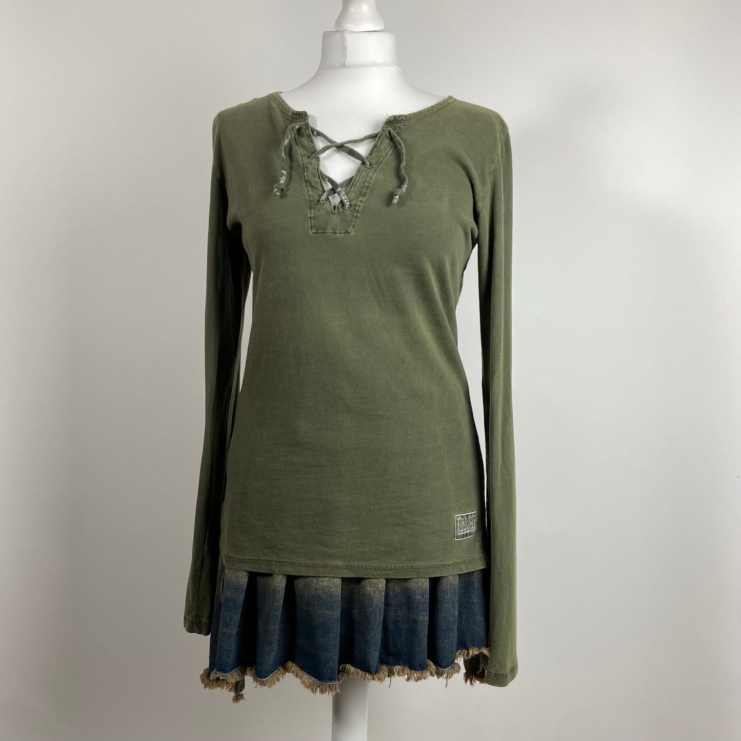 00s Khaki Graphic Print Top With Lace Up Detailing - Size M