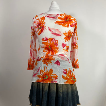 00s White and Orange Floral O ring Top - Size M