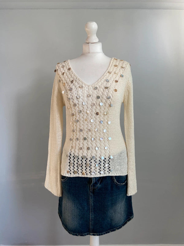 Vintage 00s Embellished Knit Top - Size M - Funky Cat