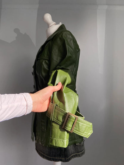Vintage Green Leather Belted Trench Coat - Size M - Funky Cat