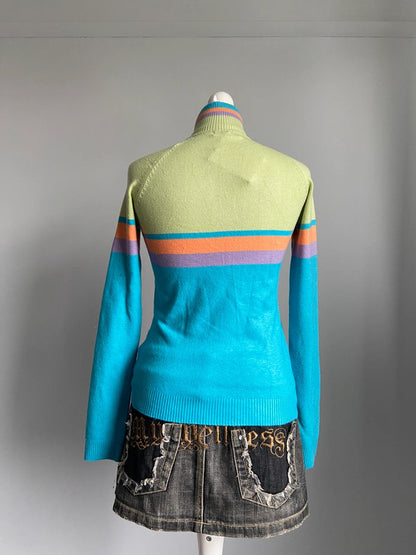 Vintage 00s Multicoloured Zip Up Jumper - Size M - Funky Cat