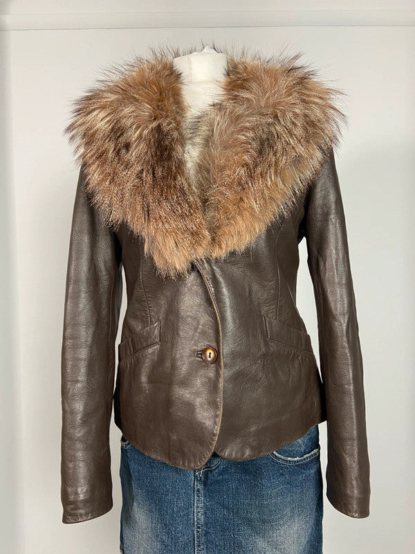 Vintage Leather Fur Trim Jacket - Size L