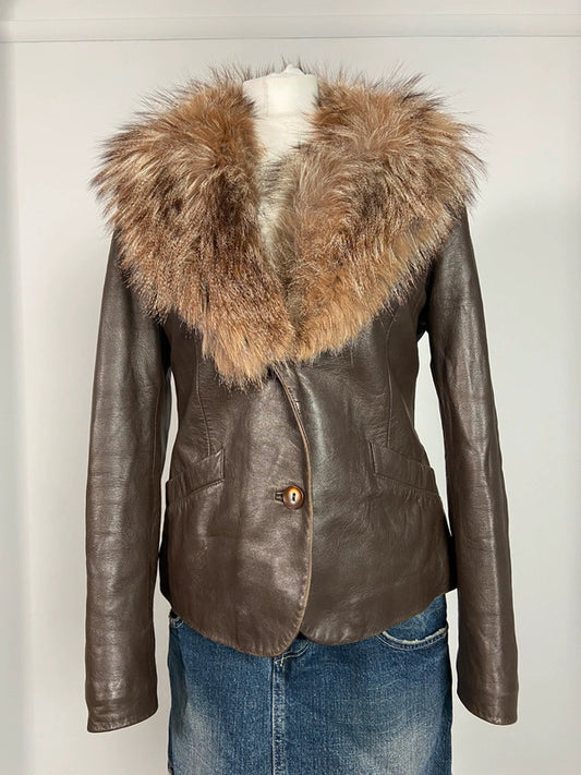 Vintage Leather Fur Trim Jacket - Size L