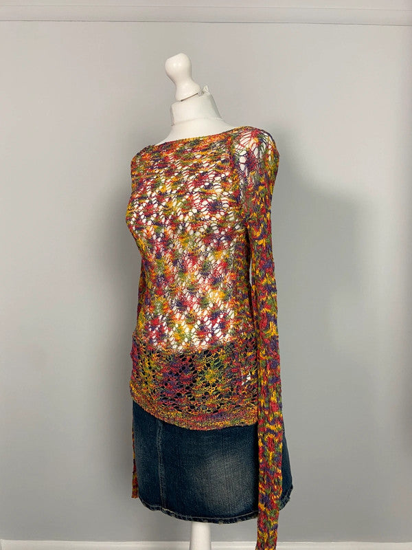 Vintage 00s Multicoloured Mesh Top - Size M - Funky Cat
