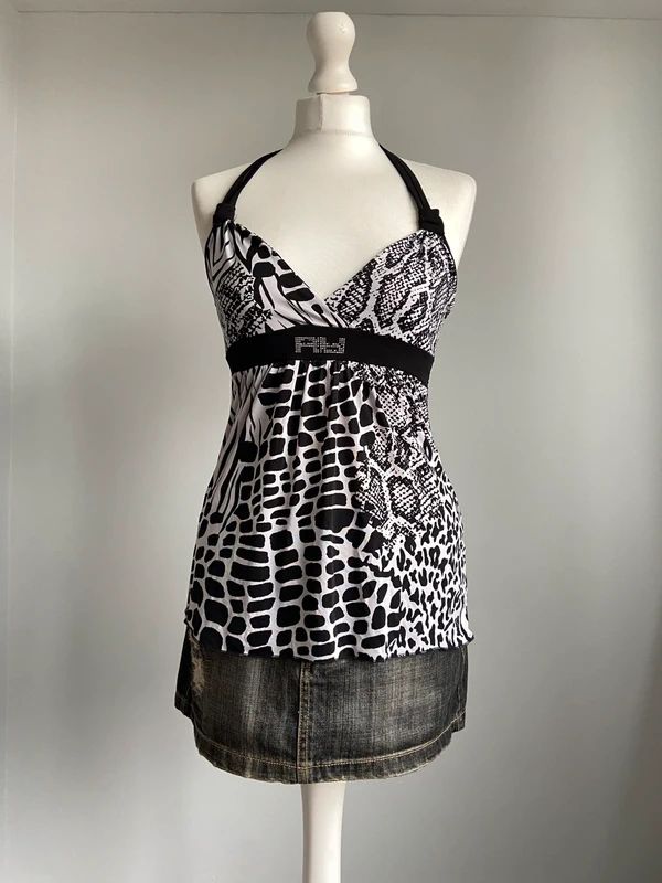 Vintage 00s Abstract Print Halterneck Top - Size S - Funky Cat