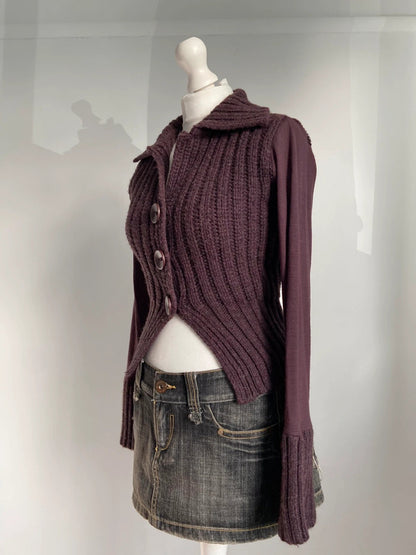 Vintage 00s Purple Ribbed Knit Cardigan- Size S/M - Funky Cat