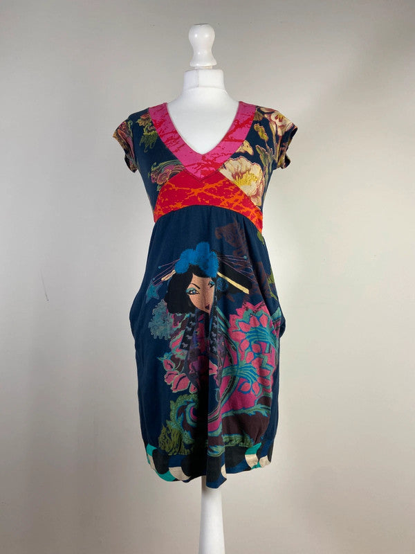 Desigual Funky Print Dress With Bubble Skirt - Size S - Funky Cat