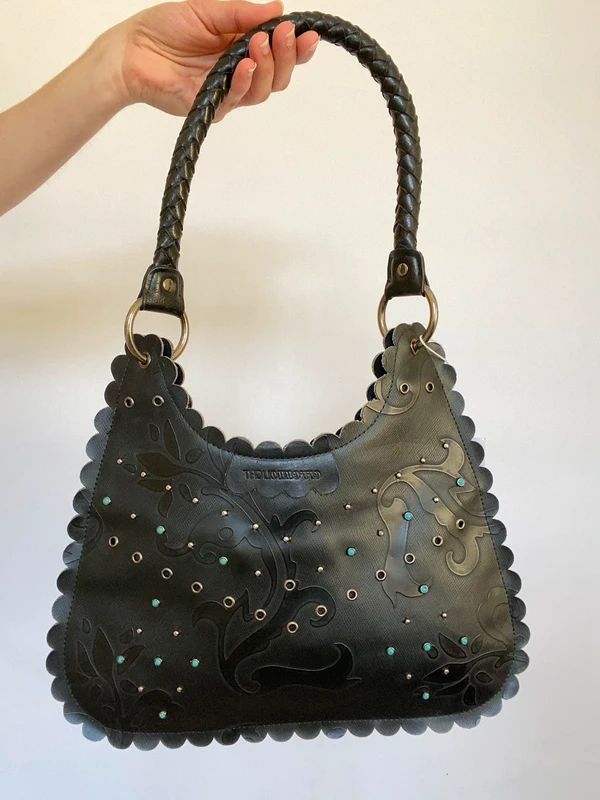 Vintage Black Leather Studded Bag - Funky Cat
