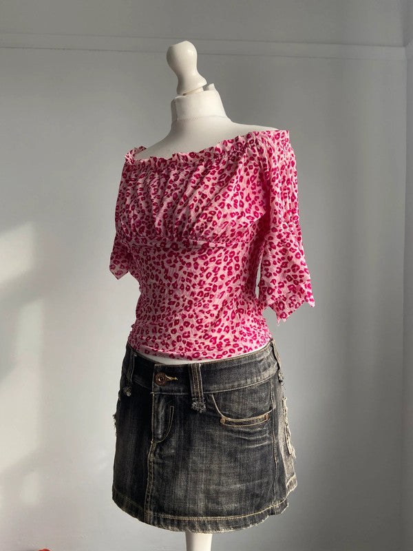 Vintage 00s Off The Shoulder Mesh Top - Size L - Funky Cat