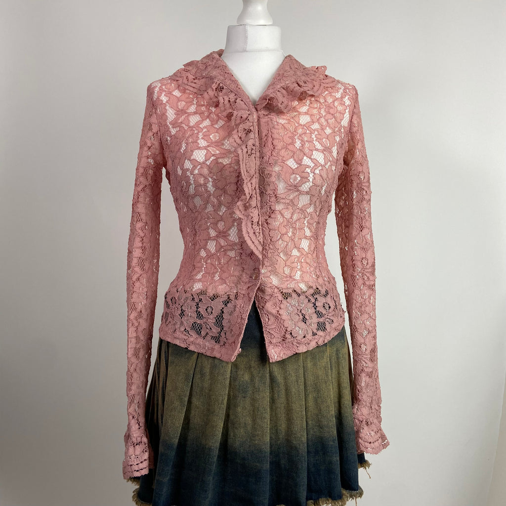 00s Pink Lace Button Up Shirt - Size S - Funky Cat