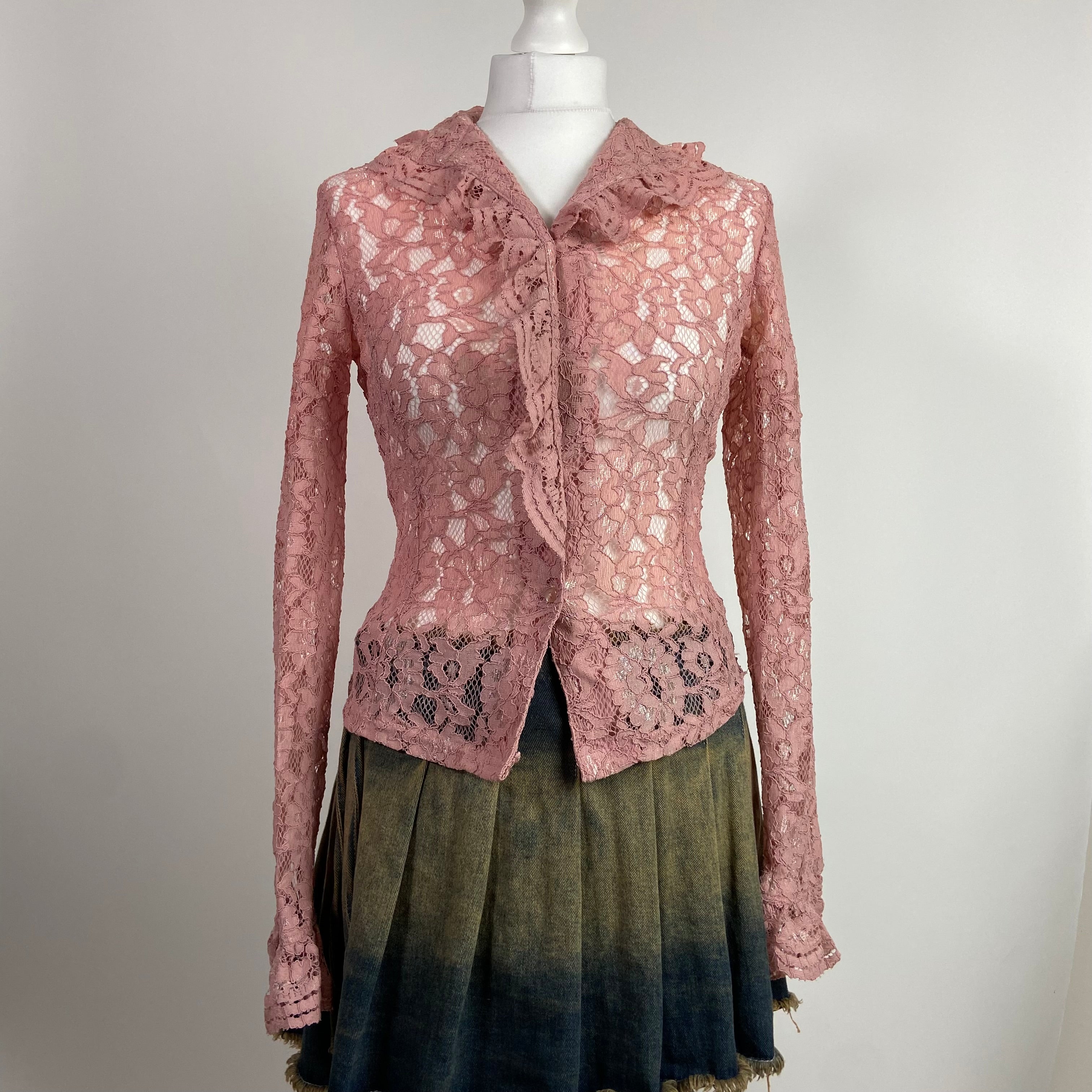 00s Pink Lace Button Up Shirt - Size S - Funky Cat