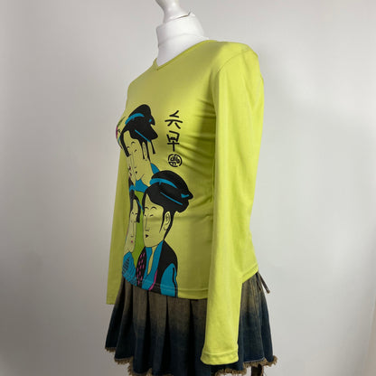 00s Lime Green Graphic Print Top - Size S/M