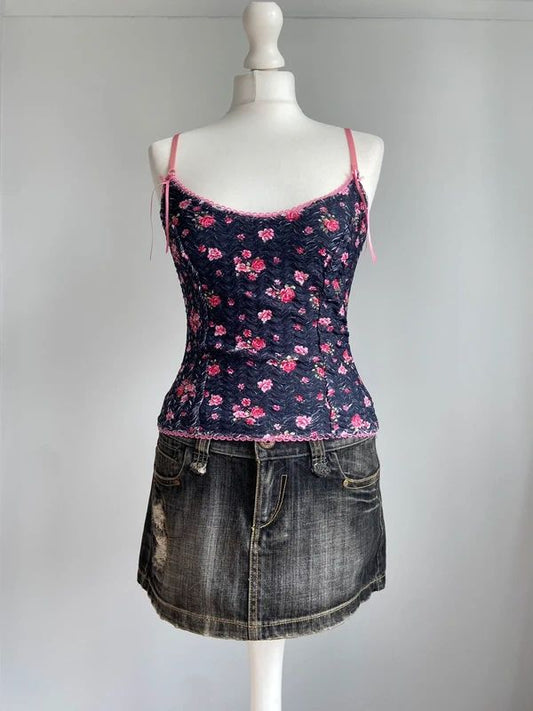 Vintage 00s Floral Cami Top - Size S/M - Funky Cat