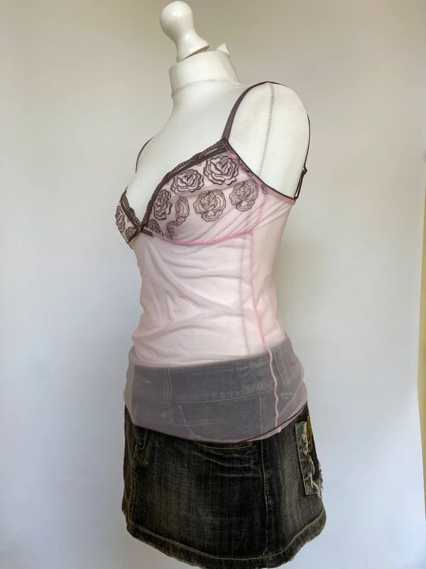 Vintage Yamamay Embroidered Baby Pink Mesh Cami - Size S/M