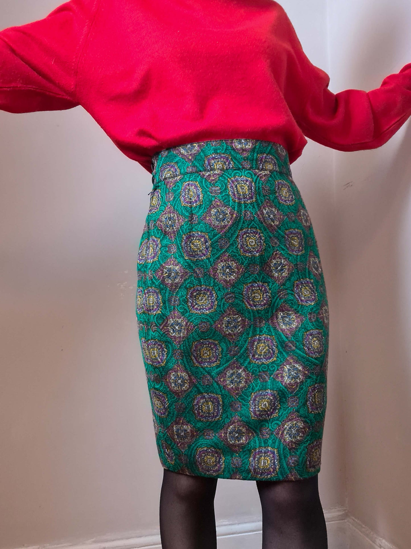 Vintage 80s Wool Mosaic Print Pencil Skirt - Funky Cat