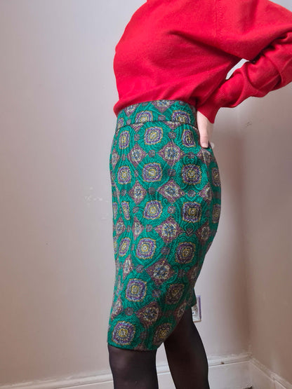 Vintage 80s Wool Mosaic Print Pencil Skirt - Funky Cat