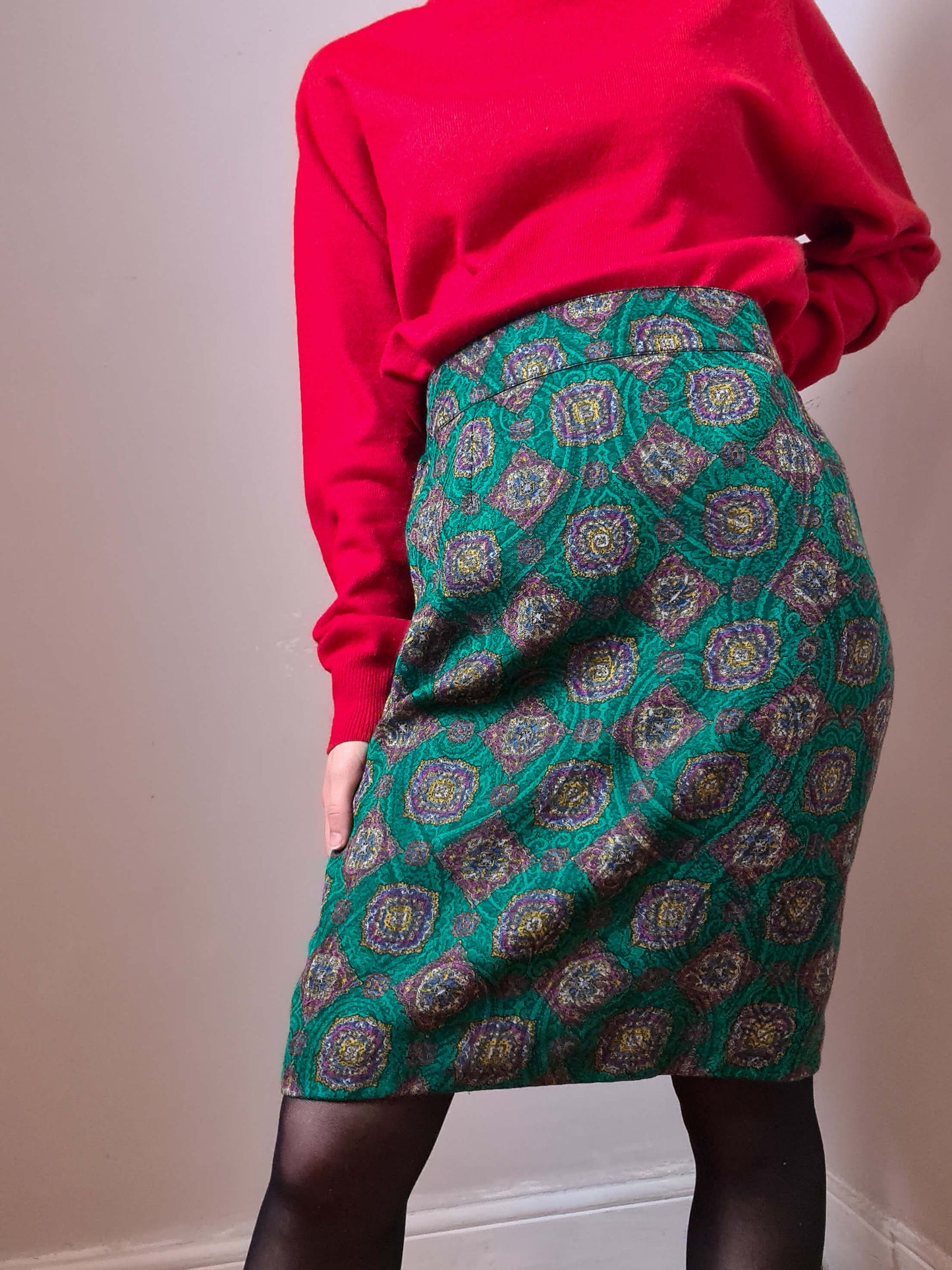 Vintage 80s Wool Mosaic Print Pencil Skirt - Funky Cat