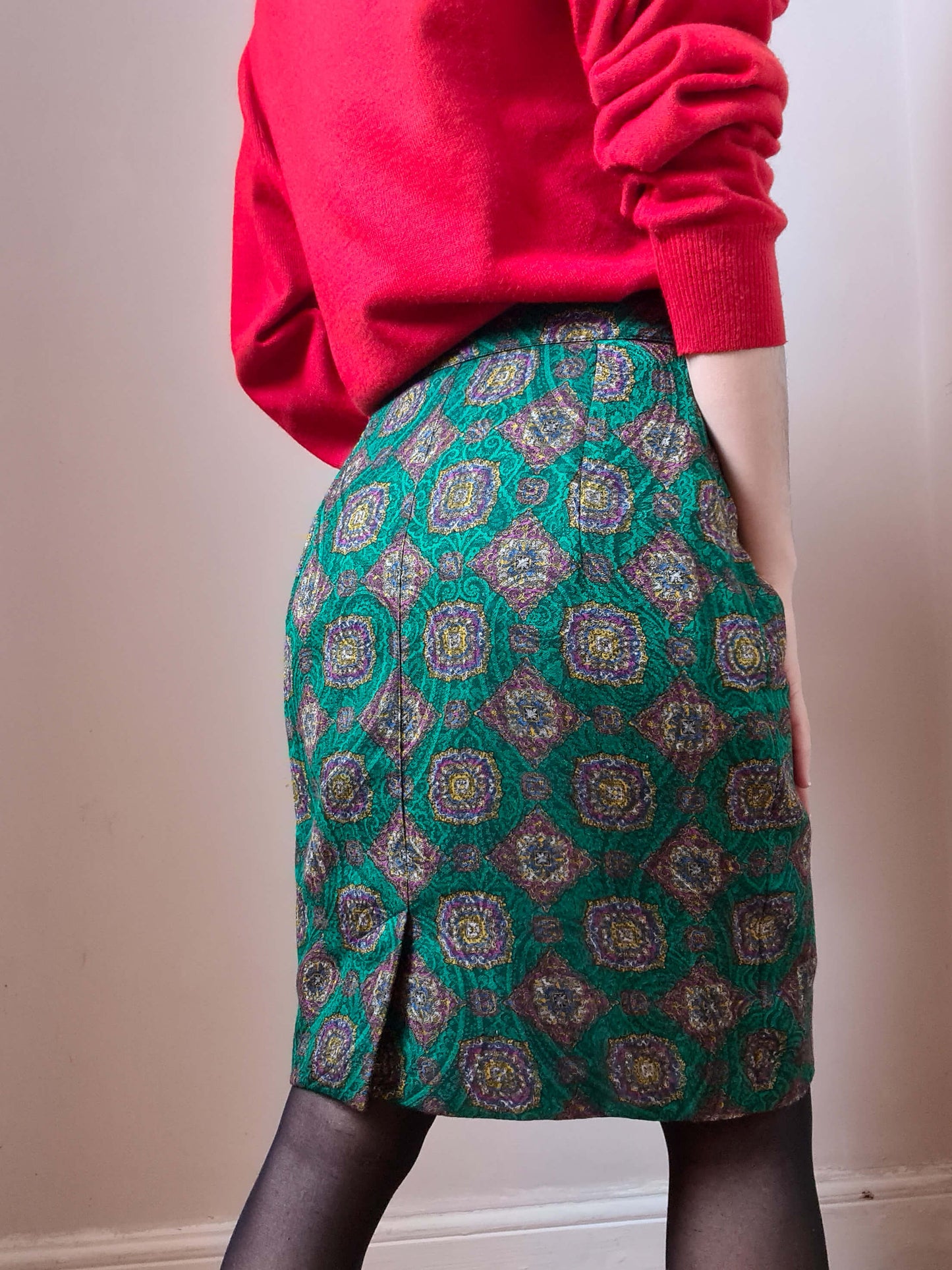 Vintage 80s Wool Mosaic Print Pencil Skirt - Funky Cat