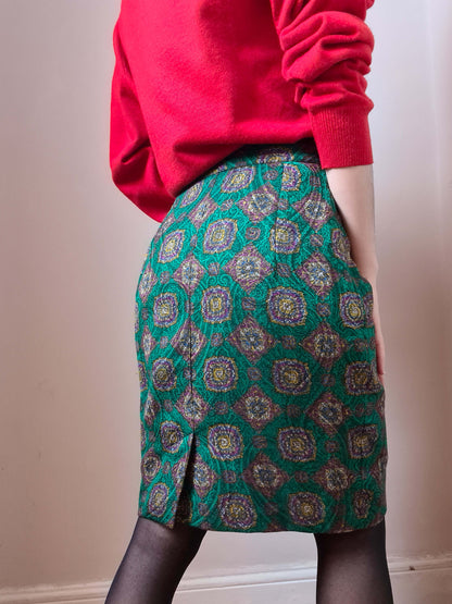 Vintage 80s Wool Mosaic Print Pencil Skirt - Funky Cat