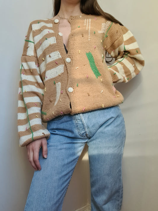 Tan Vintage Hand Knitted Wool Cardigan - S - Funky Cat