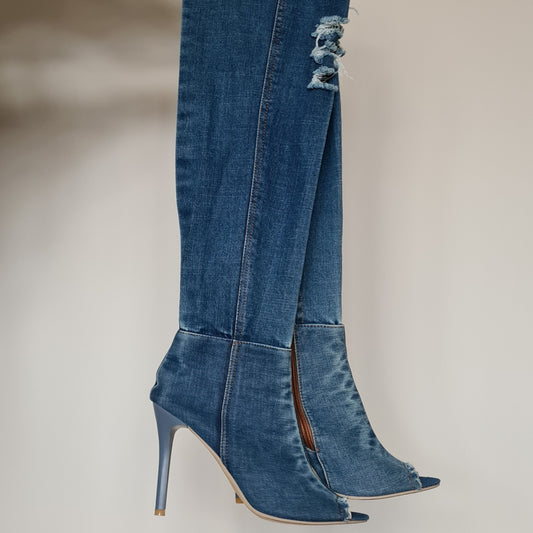 Heel knee-high denim boots - Funky Cat